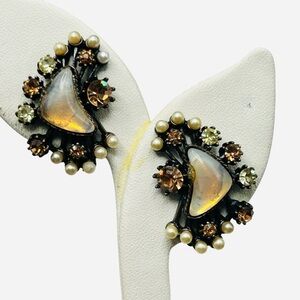 Vintage Florenza Opalescent Glass Faux Pearl and Rhinestone Earrings